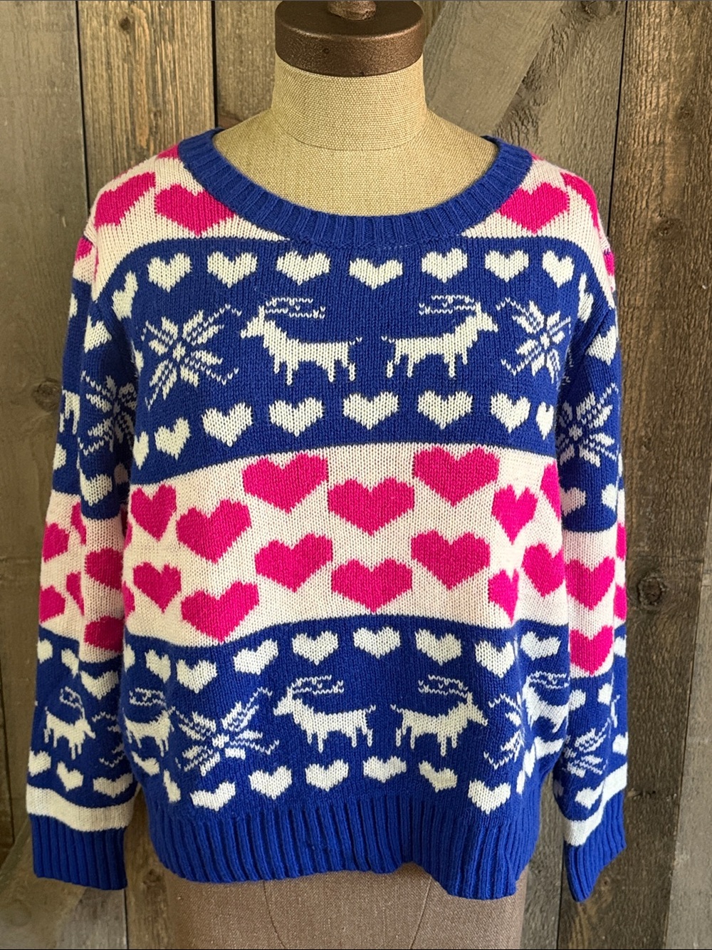 POL Fair Isle Deer Heart Sweater Blue Pink Nordic Winter Cotton Knit Cabin Ski